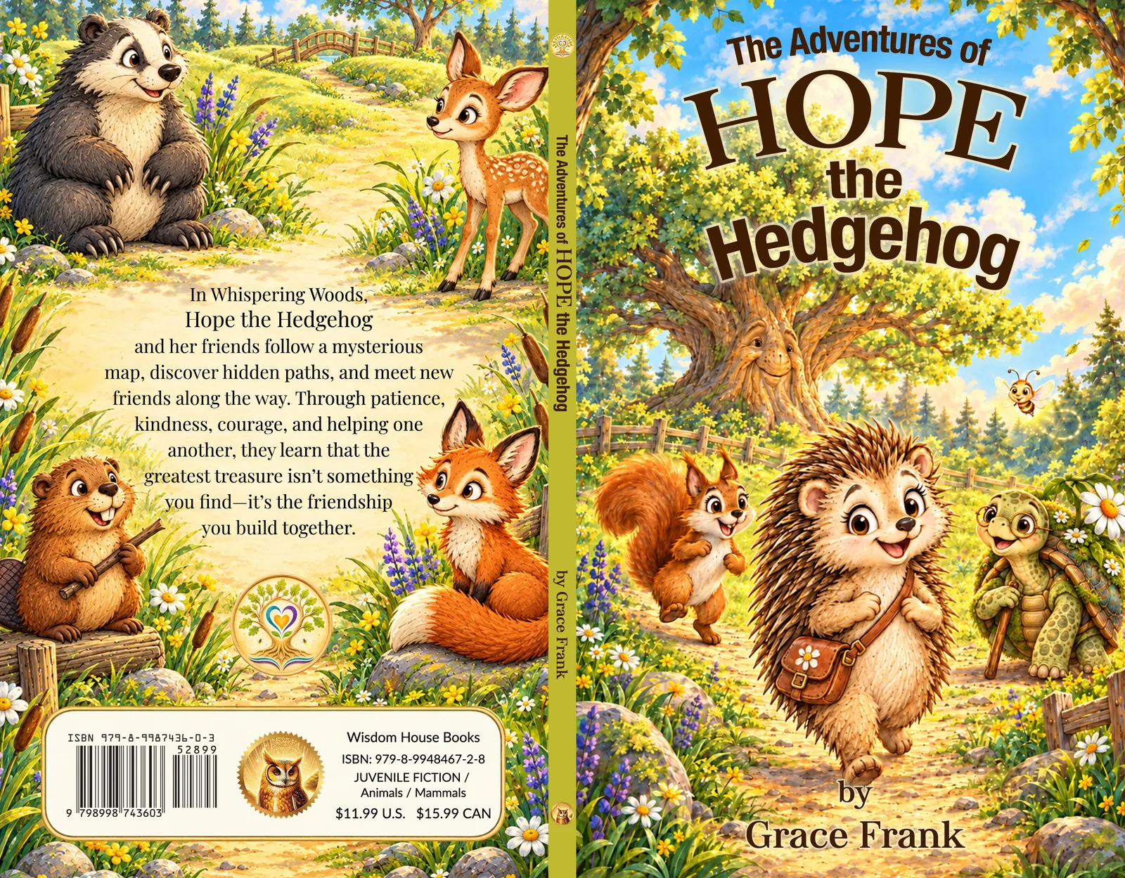 The full cover of The Adventures of Hope the Hedgehog, showing the back cover, spine and front cover