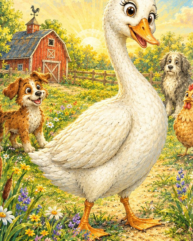 Willow Brook Farm, where Gracie the Goose walks the lane past the red barn with the farm dogs and a hen